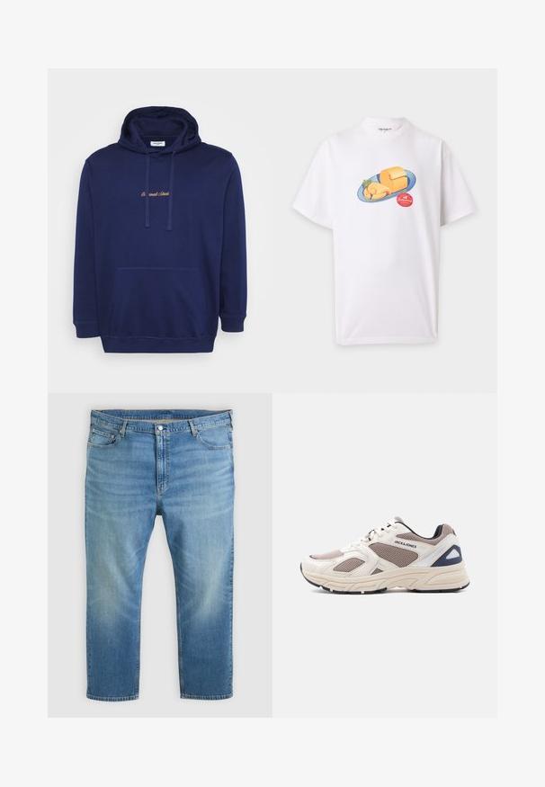 Marineblauer Pullover mit einer vorderen Tasche, Kordeln und gesticktem Text in hellbraun. Hergestellt aus weichem Stoff mit glatter Textur.; Weißes T-Shirt mit kurzen Ärmeln und einer Grafik eines blauen Tellers, der Käse und einen Zweig grüner Kräuter hält, sowie einem roten runden Etikett unter dem Teller.; Hellblaue Jeans aus Denim mit fünf Taschen, Knopfverschluss und ausgewaschenen Details an Oberschenkeln und Knien, flach liegend auf weißem Hintergrund.; Beige und taupefarbener Mesh- und synthetischer Sportschuh mit Schnürung vorne, gepolsterter Sohle und "JACK & JONES" Logo an der Seite.