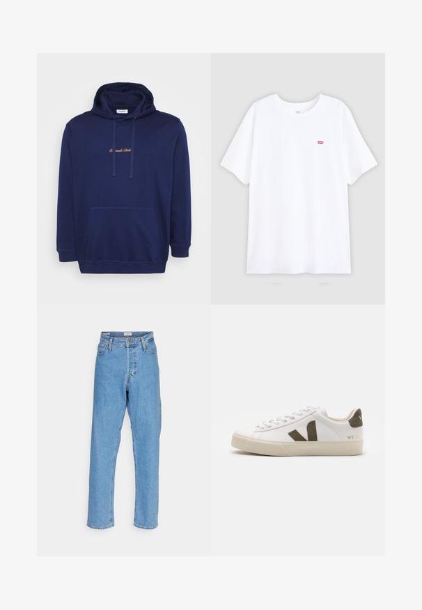 Marineblauwe hoodie met een voorzak, koordjes en geborduurde tekst in lichtbruin. Gemaakt van zachte stof met een gladde textuur.; Witte katoenen T-shirt met korte mouwen en een ronde hals. Bevat een klein rood Levi's-logo op de linkerborst. Eenvoudig ontwerp, zonder patronen.; Lichtblauwe high-waisted recht gesneden jeans met een voorste knoop, ritssluiting, riemlussen en een vijf-pocket ontwerp op een witte achtergrond.; Witte leren sneakers met een lichtbeige rubberen zool. Voorzien van een bruine suède V-logo en hieltab. Gespsluiting met een gestructureerd oppervlak.