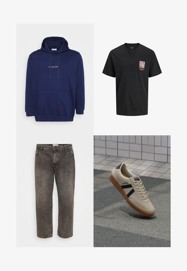 Marineblauer Pullover mit einer vorderen Tasche, Kordeln und gesticktem Text in hellbraun. Hergestellt aus weichem Stoff mit glatter Textur.; Schwarzes T-Shirt mit kurzen Ärmeln und einem pinkfarbenen Quadrat- und Blattmotiv auf der linken Brustseite, mit dem Text "JACK&JONES Worldwide."; Schwarz verwaschene Jeans mit geradem Bein, vorne mit Knopf- und Reißverschluss, Vordertaschen und Gürtelschlaufen.; Beige Sneaker mit strukturierter Oberfläche, dunkelblauen Streifen und Gummisohle. Verfügt über eine gepolsterte Zunge und ein traditionelles Schnürsystem für einen sicheren Sitz.