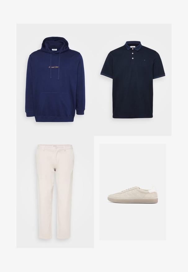 Marineblauwe hoodie met een voorzak, koordjes en geborduurde tekst in lichtbruin. Gemaakt van zachte stof met een gladde textuur.; Navy polo shirt van zacht materiaal, met een klassieke kraag, een placket met drie knopen en contrasterende gestreepte accenten op de mouwen.; Beige katoenen broeken met een rechte pasvorm, voorzien van een knoopsluiting, riemlussen en zonder zichtbare patronen of texturen.; Beige suède sneaker met een gestructureerd bovenwerk, een gladde witte hielkap, dunne veters en een rubberen buitenzool. Heeft een slank, laag profiel.