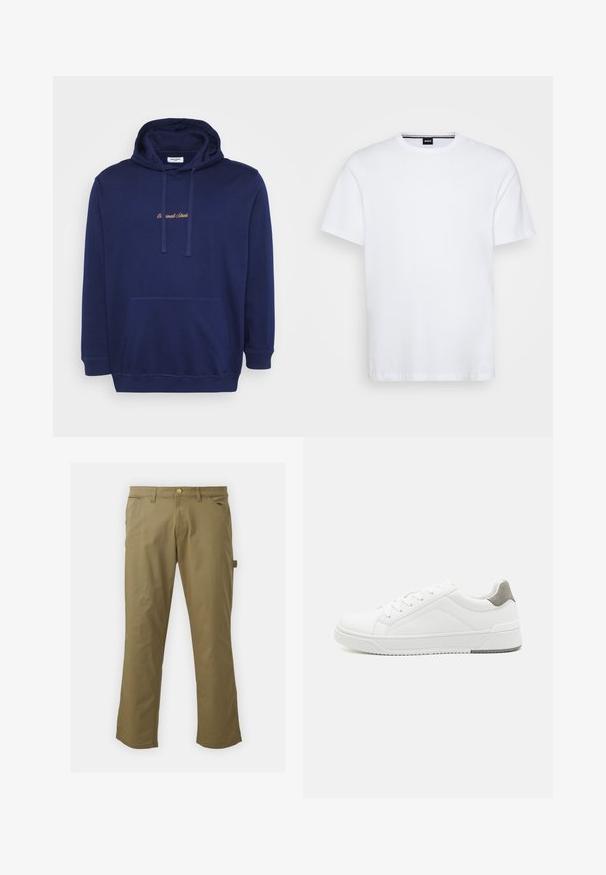 Marineblauer Pullover mit einer vorderen Tasche, Kordeln und gesticktem Text in hellbraun. Hergestellt aus weichem Stoff mit glatter Textur.; Weißes Baumwoll-T-Shirt mit rundem Halsausschnitt und kurzen Ärmeln. Mit einem dezenten Markenschild am Hals. Glatte Textur, klassischer Schnitt.; Khakihosen aus glattem Stoff mit Knopfverschluss, Gürtelschlaufen, zwei Fronttaschen und einer Seitentasche im geraden Bein-Design.; Weißer Sneaker aus glattem Leder, runde Zehenpartie, minimalistisches Design, graue Fersenkante und strukturierte Gummisohle.