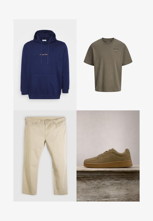 Marineblauer Pullover mit einer vorderen Tasche, Kordeln und gesticktem Text in hellbraun. Hergestellt aus weichem Stoff mit glatter Textur.; Taupefarbenes kurzärmeliges Baumwoll-T-Shirt mit rundem Ausschnitt und kleinem bedrucktem Text auf der linken Brust.; Beige gerade geschnittene Hose mit vorderer Knopf- und Reißverschluss, Gürtelschlaufen und fünf Taschen, flach auf einem weißen Hintergrund ausgelegt.; Olivgrüner Sneaker mit Schnürsenkeln schwebt über einer Holzbank, im Hintergrund unscharfes grünes Laub.