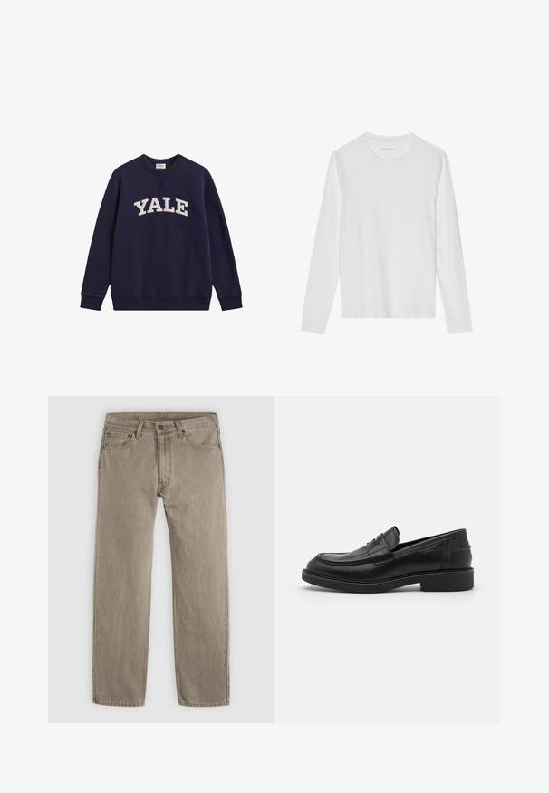 Sweat-shirt bleu foncé à col rond avec texte Yale blanc sur la poitrine et poignets et ourlet côtelés.; T-shirt blanc à manches longues en coton doux, avec un col rond et une texture lisse sans motifs ni accents visibles.; Jean beige à jambes droites avec poches avant, passants de ceinture et fermeture par bouton, présenté sur un fond gris.; Mocassins en cuir noir avec un bout arrondi, des coutures ton sur ton et un détail de sangle à l'avant. Semelle en caoutchouc avec un petit talon.