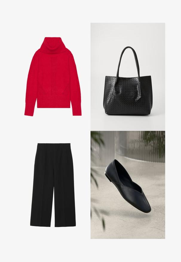 Pull à col roulé tricoté rouge présentant une texture côtelée, des détails verticaux, et de larges poignets et ourlet côtelés. Tissu doux et épais.; Pantalons larges noirs en tissu lisse, avec deux poches avant, un devant plat, et une fermeture éclair sur le côté.; Ballerine en cuir noir avec un bout pointu et une découpe en V sur le dessus. Texture lisse et design minimaliste avec un talon fin.; Sac de tote en cuir tressé noir avec deux poignées, forme structurée et finition légèrement brillante sur un fond clair.