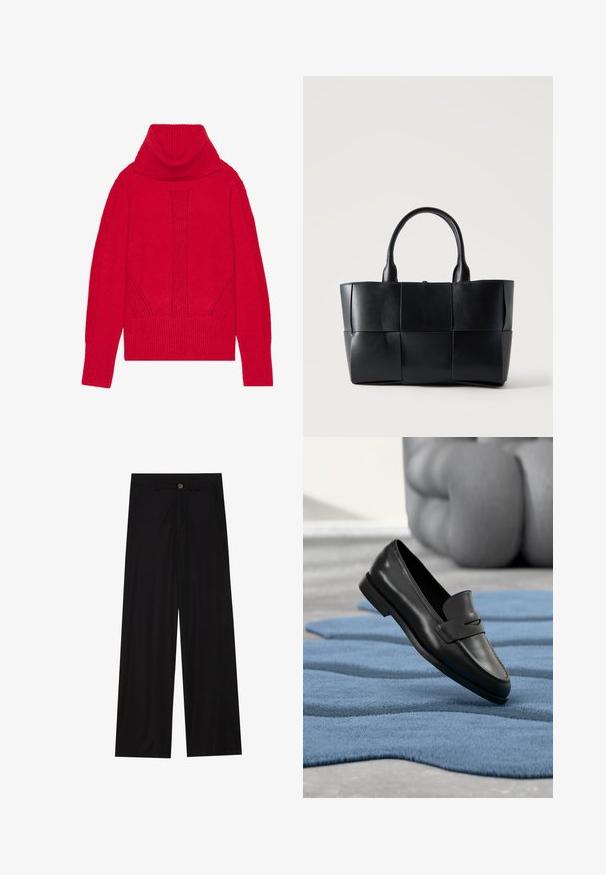 Rød strikket turtleneck sweater med ribbet tekstur, lodret detaljer og brede ribbede manchetter og kant. Blødt, tykt stof.; Bredde ben sorte bukser lavet af et glat stof, med forlommer og knaplukning i taljen. Minimalistisk design uden mønstre.; Sort læderloafer sko hvilende på blå tekstureret tæppe med en grå polstret stol i baggrunden.; Sort læder tote taske med vævede store kvadratiske paneler og to afrundede håndtag på en ensfarvet lys baggrund.
