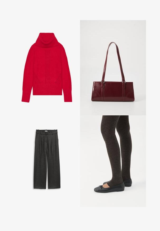 Rød strikket turtleneck sweater med ribbet tekstur, lodret detaljer og brede ribbede manchetter og kant. Blødt, tykt stof.; Bredde bukser i mørkegrå stof med en subtil glans, der har frontfolder og en flad talje for et skræddersyet udseende.; Ben iført mørke ribbede leggings kombineret med sorte balletsko med små sløjfedetaljer på hvid baggrund.; Bordeaux håndtaske lavet af glansfuldt materiale, rektangulær form, med to skulderremme og subtile buede detaljer på forsiden.