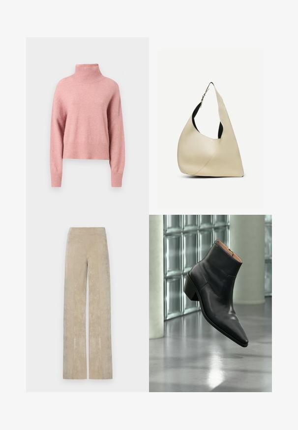 Suéter de cuello alto de punto grueso en rosa claro, con mangas largas y dobladillo acanalado. Textura suave, diseño corto y corte relajado.; Pantalones de talle alto y pierna ancha en suave sarga de color beige claro, con acanalado vertical y una textura suave. Cintura plana para mayor comodidad.; Botín de piel negra con puntera puntiaguda y tacón cuadrado que levita sobre un suelo gris reflectante cerca de una pared de bloques de cristal.; Bolso de hombro de cuero liso color crema con forma triangular curva y correa ajustable con hebilla plateada.