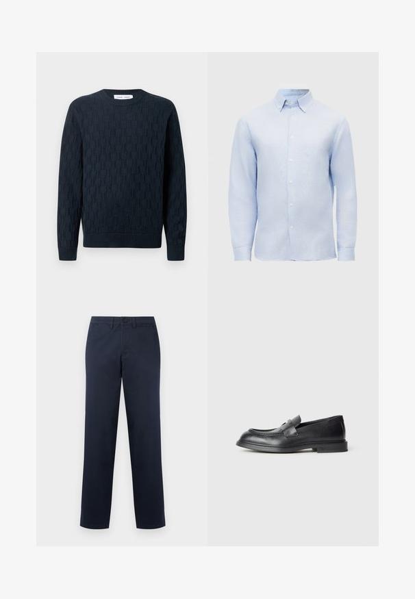 Pull en laine de couleur bleu marine, avec un motif texturé, un col rond et des poignets et un ourlet en côtes. Fabriqué à partir de fil doux pour plus de confort.; Chemise bleu clair à manches longues avec col pointu et boutons blancs sur un fond uni.; Pantalon droit bleu marine pour homme avec passants de ceinture, bouton sur le devant et poches latérales, présenté sur un fond clair uni.; Mocassins en cuir noir avec une finition texturée, dotés d'une bride décorative à l'avant et d'un bout arrondi. Semelle en caoutchouc pour plus de durabilité.