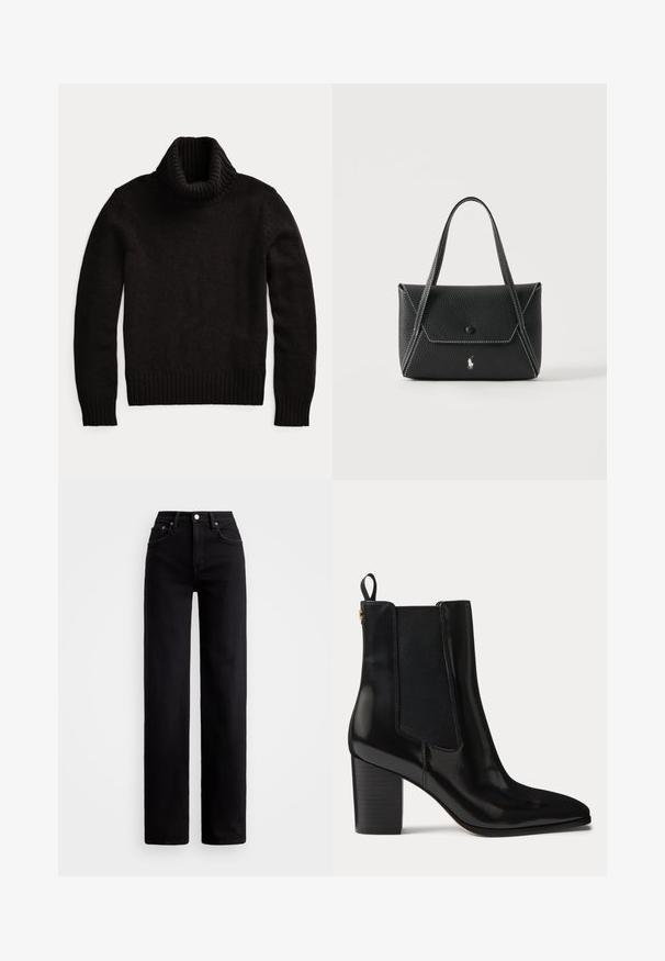 Pull à col roulé noir tricoté avec manches longues et poignets, col et ourlet côtelés sur fond blanc.; Jean noir taille haute avec une coupe droite, en denim, avec des poches avant et une fermeture à bouton en argent.; Bottine en cuir noir avec talon bloc, panneaux latéraux élastiques, languette au talon et bout pointu.; Sac à main en cuir noir avec deux poignées, rabat avant à fermeture par bouton, coutures blanches et petit logo cheval sur fond uni.