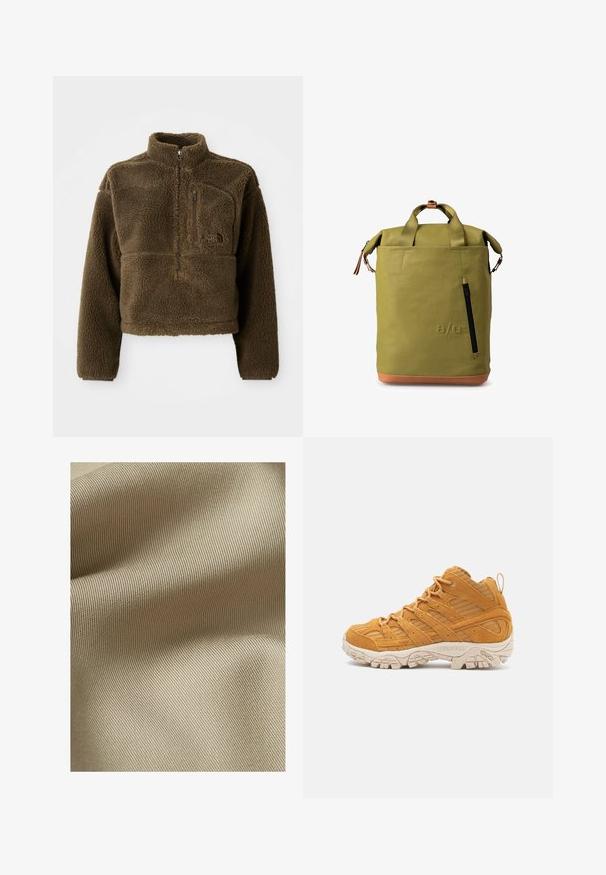 Braune Fleecejacke mit hohem Kragen, halbem Reißverschluss vorne und einer Brusttasche; verfügt über strukturierten Stoff und ein Logo auf der Vorderseite.; Beiger, strukturiertes Gewebe mit feinem, geripptem Muster. Das Material wirkt glatt mit einem subtilen Glanz und fällt sanft in Falten.; Hochformat-Wanderstiefel aus senfgelbem Wildleder, mit strukturierten Überzügen, einer verstärkten Zehenkappe und einer g creamfarbenen Gummisohle.; Grüner wasserdichter Rucksack mit Rolltop-Design, ausgestattet mit einer Front-Reißverschlusstasche, braunen Lederelementen und stabilen Stoffriemen.