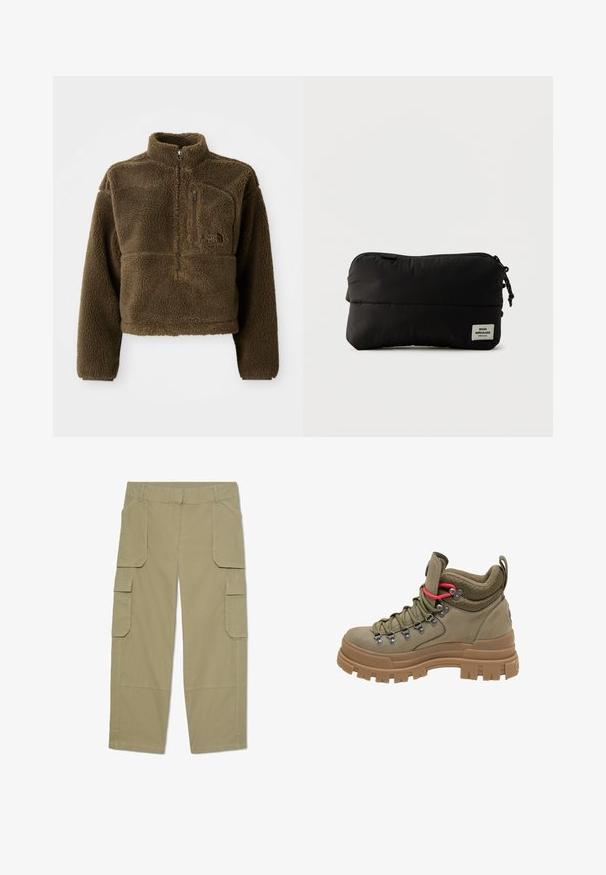 Braune Fleecejacke mit hohem Kragen, halbem Reißverschluss vorne und einer Brusttasche; verfügt über strukturierten Stoff und ein Logo auf der Vorderseite.; Khakifarbene Cargohose mit mehreren Klappentaschen vorne und an den Seiten, geradem Bein und Gürtelschlaufen in der Taille.; Hoher Wanderschuh in Olivgrün mit dicker brauner Gummisohle, gepolstertem Mesh-Kragen, Metallösen und rotem Akzent-Schnürsenkel-Loch.; Schwarzes rechteckiges Etui mit Reißverschluss und einem Stoff-Logoschild mit der Aufschrift "Mads Nørgaard Copenhagen" in der unteren rechten Ecke.