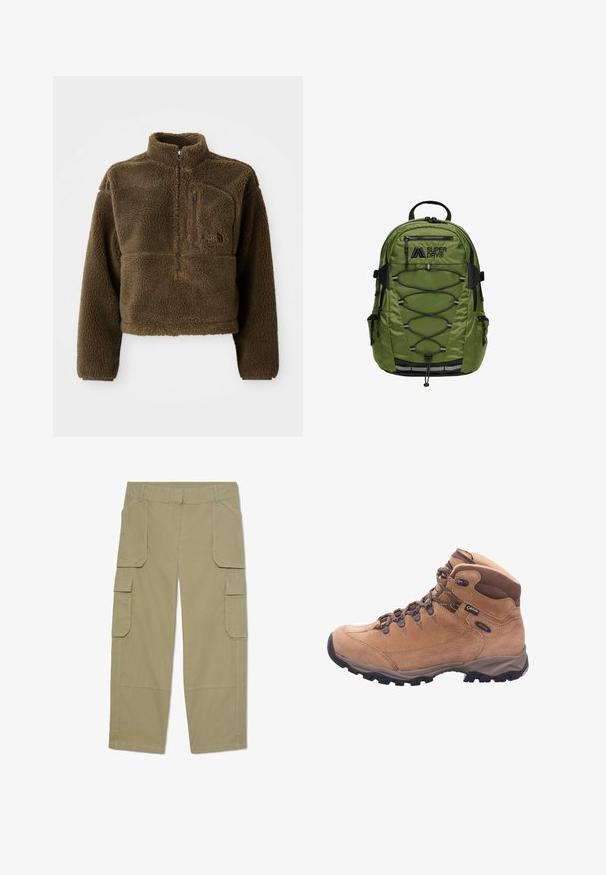Bruine fleecjas met een hoge kraag, een halve rits aan de voorkant en een borstzak; heeft een gestructureerde stof en een logo op de voorkant.; Khakikleuren cargobroek met meerdere klepzakken aan de voorkant en zijkanten, rechte pijpen en riemlussen in de taille.; Tan wandelschoen gemaakt van suede en synthetisch materiaal, met een hoge enkel, vetersluiting aan de voorkant en een rubberen zool met diepe groeven voor grip.; Olijfgroene rugzak met een gestructureerde afwerking, voorzien van zwarte accenten, een verstelbaar bungeekoord, meerdere ritsen en zijzakken.