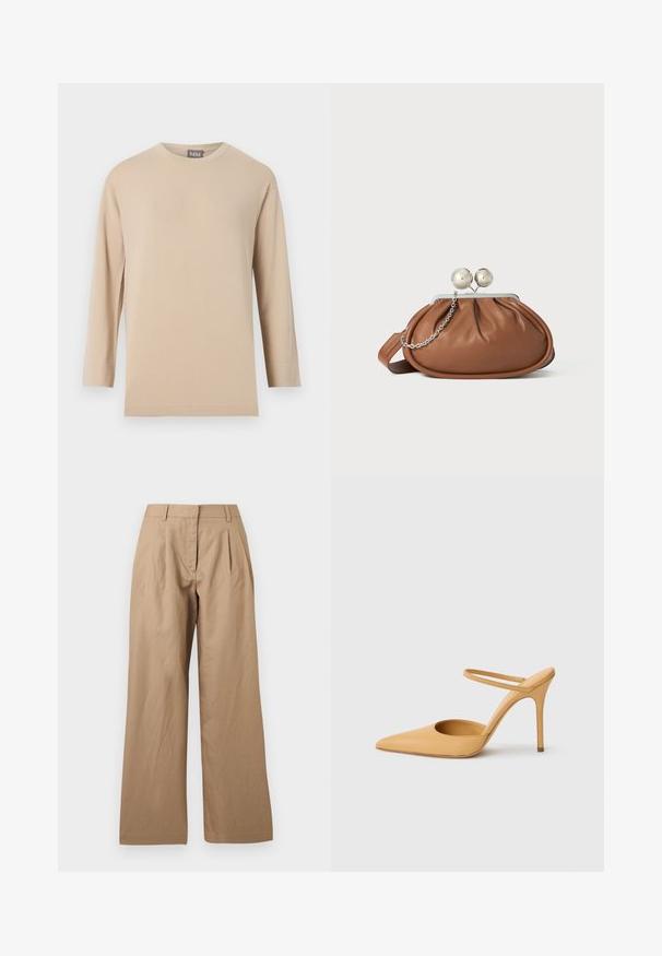 T-shirt beige à manches longues avec col rond et ourlet droit, présenté sur un fond blanc uni.; Pantalon beige à jambes larges avec plis à l'avant, passants pour ceinture et fermeture frontale dissimulée, présenté sur un fond uni.; Chaussure à talon aiguille beige à bout pointu avec une fine bride de cheville sur fond blanc.; Pochette en cuir marron avec un fermoir à boule en argent et un petit détail en chaîne argentée sur fond blanc.