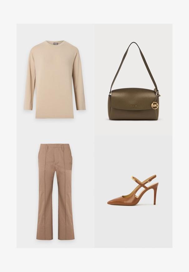 T-shirt beige à manches longues avec col rond et ourlet droit, présenté sur un fond blanc uni.; Pantalon beige droit avec plis devant, passants de ceinture et taille haute, présenté sur fond blanc.; Escarpin à talon haut en cuir marron avec bride arrière, bout pointu, doté de brides croisées et d'un talon en bois texturé. Accent doré sur la bride.; Sac à bandoulière en cuir vert olive avec fermeture à rabat et pendentif doré avec le logo Michael Kors suspendu à la sangle.
