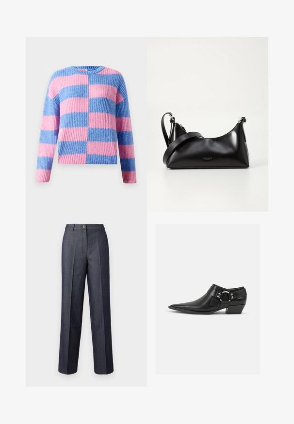 Pull en maille épaisse avec des rayures horizontales larges alternées en rose et bleu, doté d'un col rond et de manches longues.; Pantalons larges gris foncé en tissu lisse, dotés d'une fermeture à bouton à l'avant, de plis tailleur et de poches élégantes.; Bottines en cuir noir avec un bout pointu, présentant une sangle en cuir à l'avant et un détail de boucle en argent, ainsi qu'un petit talon carré.; Sac à main en cuir noir avec une texture lisse. Dispose d'une bandoulière adjustable et d'un design élégant et minimaliste avec une fermeture éclair.