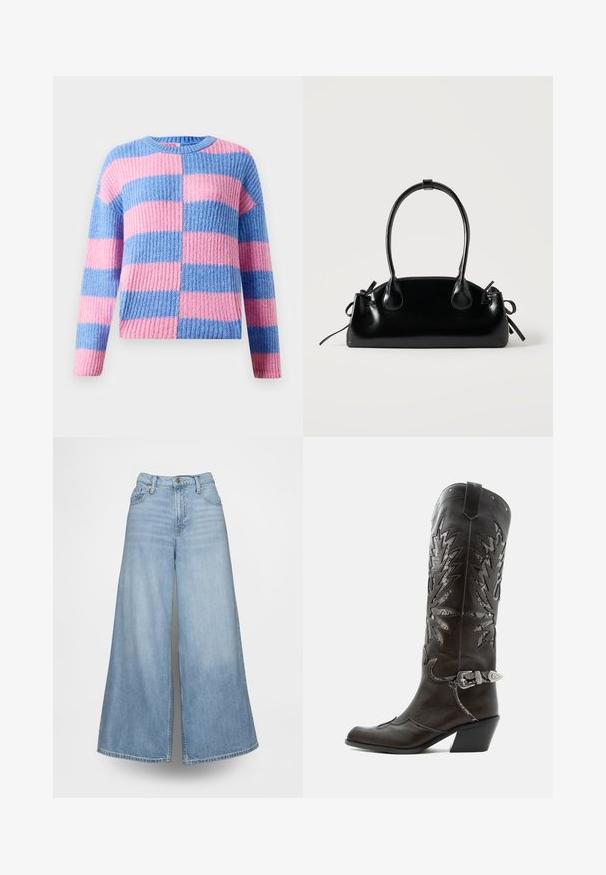 Pull en maille épaisse avec des rayures horizontales larges alternées en rose et bleu, doté d'un col rond et de manches longues.; Jean denim bleu clair à jambes larges, avec une taille haute, des poches avant et une fermeture à boutons. Le tissu présente un effet délavé.; Botte de cowboy en cuir noir avec découpes décoratives, boucle argentée et talon incliné, présentée sur fond blanc.; Petit sac à main noir brillant avec deux longues anses et des détails à cordon sur les côtés sur un fond clair uni.