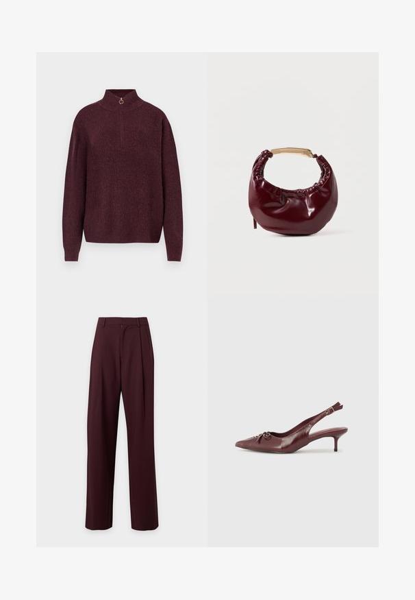 Pull en tricot bordeaux avec un col monté, doté d'une demi-fermeture éclair avec un tirette circulaire, texture côtelée et manches longues ajustées.; Pantalon marron foncé taille haute sur mesure avec jambes droites et passants de ceinture, présenté sur un fond clair uni.; Talons slingback en cuir bordeaux avec un embout pointu, une sangle ajustable et un détail de nœud décoratif à l'avant. Hauteur du talon de 7,5 cm.; Sac à main en simili cuir bordeaux avec une forme arrondie, des détails froncés et une anse en métal doré. Texture lisse et finition brillante.