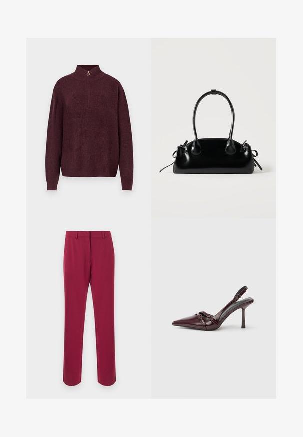 Pull en tricot bordeaux avec un col monté, doté d'une demi-fermeture éclair avec un tirette circulaire, texture côtelée et manches longues ajustées.; Pantalon bordeaux en tissu lisse avec une coupe droite, équipé d'une ceinture, de passants pour ceinture et de poches latérales. Aucun détail décoratif.; Escarpin slingback en cuir verni bordeaux avec bout pointu, fine bride à la cheville et petit détail décoratif de boucle. Texture lisse et talon haut.; Petit sac à main noir brillant avec deux longues anses et des détails à cordon sur les côtés sur un fond clair uni.
