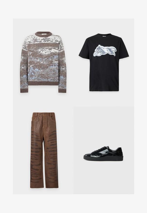 Strikket sweater med et flerfarvet mønster i brune og blå nuancer. Rund halsudskæring med ribbet kant ved ærmer og bund. Blød tekstur.; Sort t-shirt med korte ærmer med en skinnende sølvmetalisk grafik af et løbende dyr på brystet.; Brune faux læderbukser med en struktureret finish, der har forlængede horisontale udskæringer langs siderne og et lige ben-design.; Sorte laklæder sneakers med rund tå, snørredesign, tekstureret gummisål og en glat overflade.