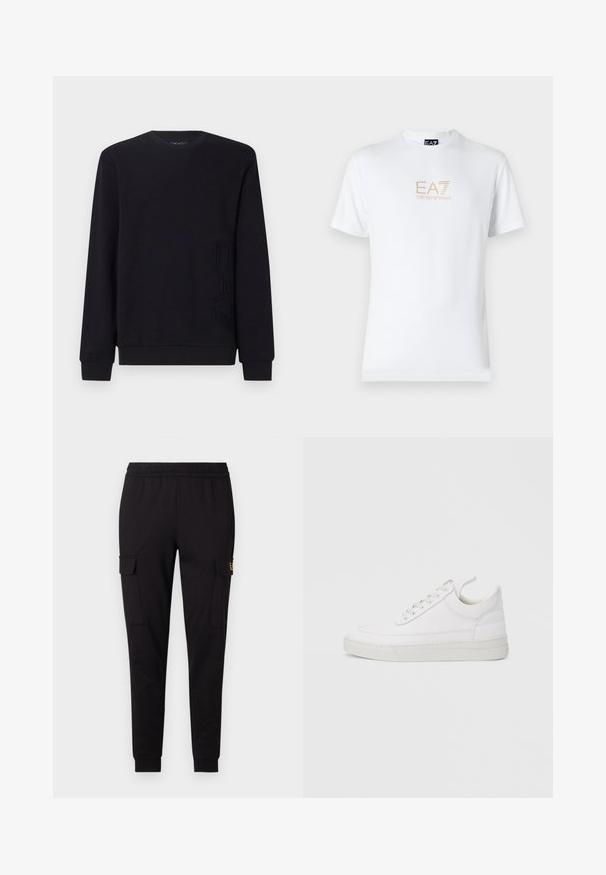 Sudadera negra hecha de una tela suave; cuenta con un cuello redondo, mangas largas y un detalle en relieve con el logo "EAC" en la parte inferior izquierda.; Camiseta blanca de algodón con escote redondo y mangas cortas, con un logo dorado de EA7 Emporio Armani impreso en el frente.; Pantalones de chándal negros hechos de tela suave, que presentan un diseño de pernera ajustada y dos bolsillos laterales tipo cargo con un logotipo sutil en uno de los bolsillos.; Zapatilla blanca de cuero con punta redondeada, suela plana y cierre de cordones. Presenta detalles de costuras y un cuello acolchado para mayor comodidad.
