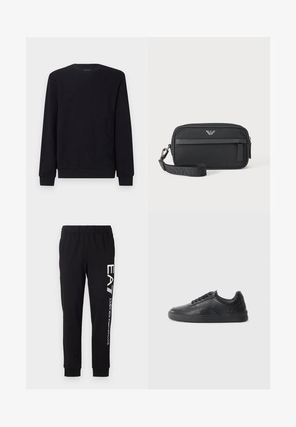 Sweat-shirt noir en tissu doux ; il possède un col rond, des manches longues et un détail en relief du logo "EAC" en bas à gauche.; Pantalons de survêtement noirs fabriqués en tissu extensible. Dotés d'une taille élastique, de poignets resserrés et d'un marquage blanc sur la jambe gauche.; Chaussure de sport en cuir noir avec une finition lisse, bout arrondi, panneau latéral texturé et lacets noirs. Présente une semelle en caoutchouc plate et un design minimaliste.; Petit sac bracelet rectangulaire noir avec poche avant zippée, emblème logo argenté et bandoulière amovible avec texte de marque.