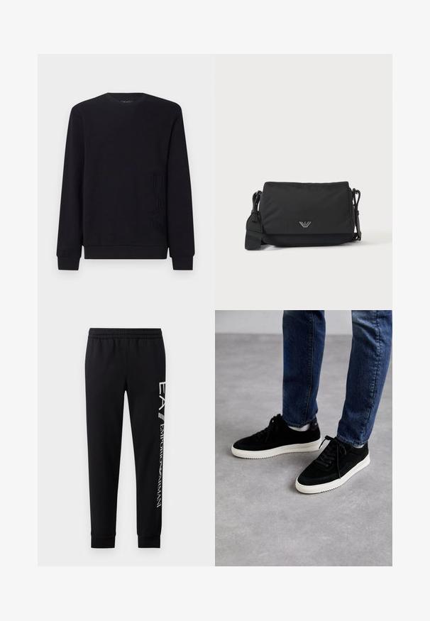 Sudadera negra hecha de una tela suave; cuenta con un cuello redondo, mangas largas y un detalle en relieve con el logo "EAC" en la parte inferior izquierda.; Pantalones de chándal negros hechos de una mezcla de algodón, con una cinturilla elástica, piernas estrechas, puños acanalados y estampado de logo blanco en el lateral.; Zapatillas de ante negras con suela de goma blanca, que presentan un diseño clásico de corte bajo, puntera redondeada y cordones planos negros.; Bolso bandolera negro con correa ajustable y pequeño emblema de logo plateado en la solapa frontal, mostrado sobre un fondo claro y liso.