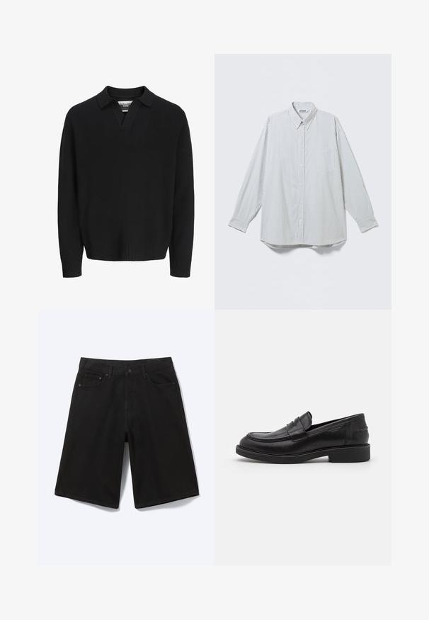 Pull en tricot noir avec un col en V. Équipé de poignets et d'un ourlet côtelés. Texture lisse, design minimaliste.; Chemise blanche à manches longues boutonnée avec fines rayures noires verticales et poche poitrine, présentée à plat sur un fond clair.; Short en jean noir longueur genou avec bouton à l'avant, passants de ceinture et cinq poches, présenté sur fond blanc.; Mocassins en cuir noir avec un bout arrondi, des coutures ton sur ton et un détail de sangle à l'avant. Semelle en caoutchouc avec un petit talon.
