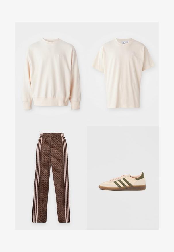 Helles rosa Sweatshirt aus weichem Material, mit Rundhalsausschnitt, gerippten Bündchen und Saum; kleines geprägtes Logodetail auf der Vorderseite.; Cremfarbene Baumwoll-T-Shirt mit rundem Halsauschnitt und kurzen Ärmeln; verfügt über ein kleines, helles Logo auf der Brust.; Braune Jogginghose mit hellrosa vertikalen Streifen an den Seiten und einem sich wiederholenden Blattmuster überall, elastischer Bund, gerade Beinform.; Flacher, beigefarbener Adidas Spezial Sneaker mit grünen Streifen, Gummisohle und "SPEZIAL" Schriftzug an der Seite, von der Außenseite gezeigt.