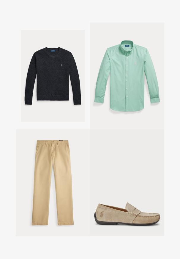 Pull en tricot gris foncé avec un col rond, un tissu texturé et un logo brodé sur le côté gauche de la poitrine. Manches longues et poignets côtelés.; Chemise vert clair à manches longues avec col, boutons blancs et petit logo rose brodé sur le côté gauche de la poitrine.; Pantalon beige droit avec passants de ceinture, poches latérales et taille boutonnée sur fond blanc.; Mocassins en suede beige avec un détail cousu, semelle en caoutchouc plate et un petit logo sur le côté. Design classique à enfiler, texture douce.