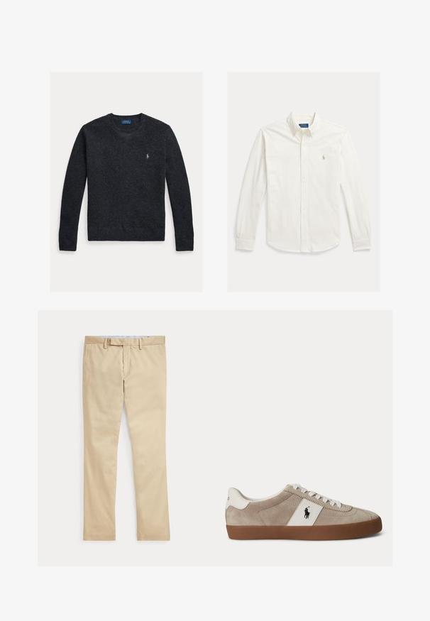 Pull en tricot gris foncé avec un col rond, un tissu texturé et un logo brodé sur le côté gauche de la poitrine. Manches longues et poignets côtelés.; Chemise blanche à manches longues avec boutons et col, avec le logo Polo Ralph Lauren brodé sur la poitrine gauche.; Pantalon beige à jambes droites avec passants de ceinture et braguette zippée à l'avant, posé à plat sur un fond blanc.; Baskets basses en daim beige avec lacets blancs, détail en cuir blanc avec logo cheval noir, et semelle en caoutchouc marron.
