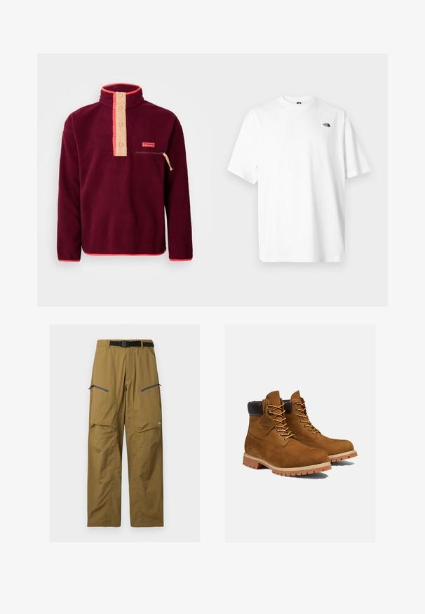 Bordeaux fleece pullover med høj krave, lysecreme knaplukning, brystlomme med lynlås og kontrasterende orange kant.; Hvid bomuld t-shirt med korte ærmer, V-udskæring, med en lille sort logo på øverste venstre side. Blød tekstur, afslappet pasform.; Khaki udendørs bukser med sort justerbart bælte, to lynlåslommer på låret og knæsyninger, vist på en ensfarvet baggrund.; Brune ruskinds ankelstøvler med en polstret sort krave, gyldne snørehuller og en tyk gummisål med en mønster, der giver godt greb.