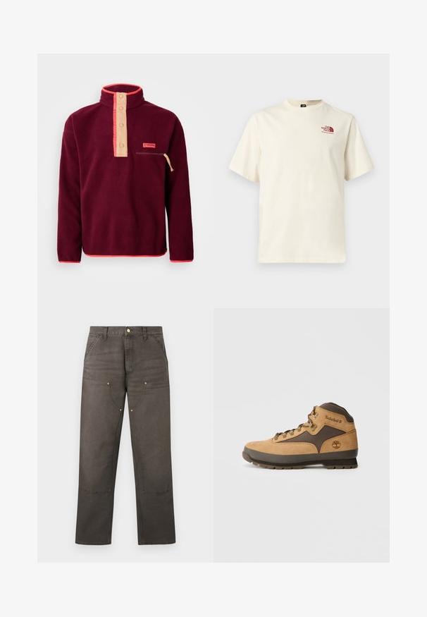 Bordeaux fleece pullover med høj krave, lysecreme knaplukning, brystlomme med lynlås og kontrasterende orange kant.; Kortærmet off-white T-shirt med bordeaux "The North Face"-logo på venstre bryst, rund hals, ensfarvet design.; Brune arbejdstøj med lige ben, forstærkede knælapper, forlommer, bæltestropper og knappelukning.; Brune ruskind vandrestøvle med mørkebrune accenter, metaløjer og sål med godt greb. Timberland-logo præget på siden. Mellemhøj design.