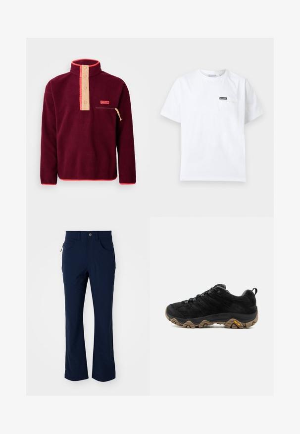 Bordeaux fleece-paita, jossa on korkea kaulus, vaalean beige nappilistaan, rintatasku vetoketjulla ja kontrastivärinen oranssi somistus.; Valkoinen lyhythihainen T-paita pyöreällä pääntiellä, jossa pieni rintatasku, jossa musta Columbia-logo.; Tummansiniset suorat housut, joissa on vyölenkit, nappisuljenta, etutaskut ja vetoketjullinen sivutasku valkoisella taustalla.; Musta vaelluskengät, joissa kestävä ruskea Vibram-pohja, verkkovuori ja mokkanahkainen päällinen, nauhakiinnitys ja takalenkki, kuvattuna ulkopuolelta.
