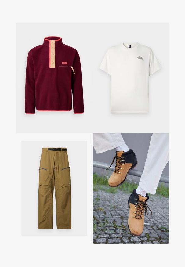 Bordeaux fleece-paita, jossa on korkea kaulus, vaalean beige nappilistaan, rintatasku vetoketjulla ja kontrastivärinen oranssi somistus.; Valkoinen puuvillainen T-paita, jossa on lyhyet hihat, pyöreä pääntie ja pieni painettu logo vasemmalla rinnalla. Sileä pinta, rento istuvuus.; Khakinväriset ulkohousut mustalla säädettävällä vyöllä, kahdella vetoketjullisella reisitaskulla ja polvissa saumoilla, esillä yksinkertaisella taustalla.; Ruskean ja mustan väriset vaelluskengät, joissa on mokkanahka yläosa, kultaiset aukot ja kuviolliset nauhat, aseteltuna kaiteelle kivikatujen ylle. Valkoiset sukat näkyvissä.