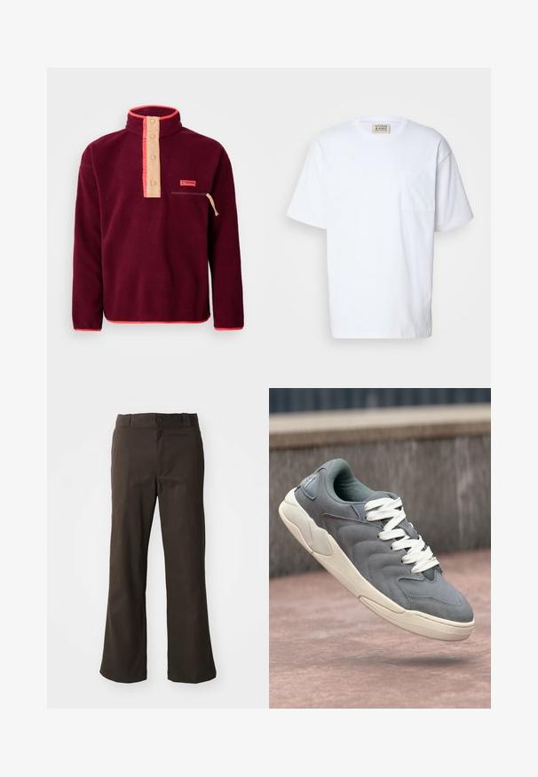 Sudadera de forro polar burdeos con cuello alto, tapeta de botones en color crema, bolsillo en el pecho con cremallera y ribetes en contraste naranja.; Camiseta blanca de manga corta hecha de algodón. Incluye un bolsillo en el pecho y un sutil detalle de costura en el bolsillo. Cuello redondo.; Pantalones marrones acampanados con una textura suave, que cuentan con un cierre delantero con botón y bolsillos laterales. Diseño sencillo y recto.; Zapatilla de ante gris con cordones blancos, que presenta un diseño texturizado y puntera redondeada. Suela de color claro con acentos sutiles.