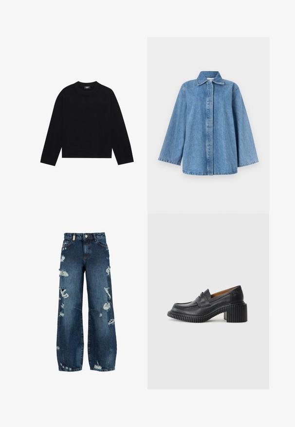Sort crew-neck sweater med lange ærmer, ribbede manchetter og kant, lavet af blødt materiale. Enkel, ren design uden mønstre eller aksenter.; Lyseblå denimjakke med vide ærmer, krave og skjult knaplukning foran, vist på hvid baggrund.; Blå højtaljede viddeben jeans med flere slidte rifter og frynsete detaljer foran og på benene.; Sorte læderloafers med en tyk, rillede gummihæl. Har en rund tå og et vandret rem over vamps. Tekstureret sål.