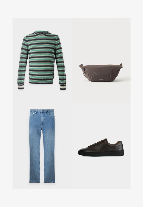 Pull à manches longues col rond avec des rayures horizontales en vert, noir, blanc et marron, présenté sur un fond uni.; Jean en denim bleu clair avec une coupe droite, cinq poches, une fermeture éclair et des coutures contrastantes. Le tissu a une finition lisse et texturée.; Baskets basses en cuir marron foncé avec semelle en caoutchouc noire, lacets à l'avant et design minimaliste épuré sur fond clair.; Sac banane en tissu marron foncé avec poche zippée en diagonale et petit logo blanc sur le devant, sur un fond clair uni.