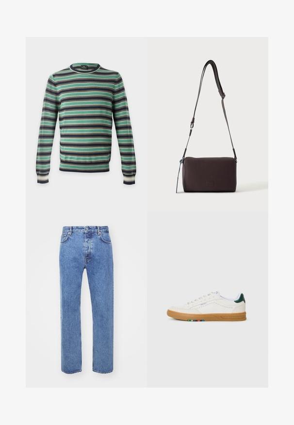 Pull à manches longues col rond avec des rayures horizontales en vert, noir, blanc et marron, présenté sur un fond uni.; Won Hundred STEVE - Jean boyfriend - cut blue; Baskets en cuir blanc avec design perforé, semelle en caoutchouc translucide, accent de talon vert et détail à rayures colorées sur le côté.; Sac bandoulière en cuir marron foncé texturé avec une sangle réglable et un petit accent décoratif bleu sur le côté.