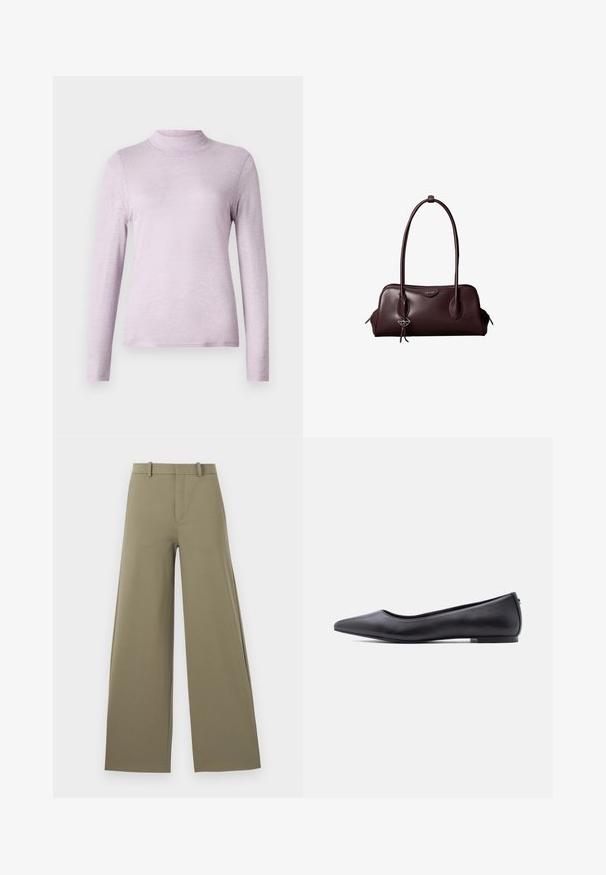 Haut à manches longues en tulle lavande clair avec col montant, fabriqué en tissu doux et texturé ; design ajusté avec un col haut et serré.; Pantalons larges en vert olive clair avec une texture lisse, dotés d'une fermeture éclair sur le devant, de passants de ceinture et de deux poches latérales.; Chaussure plate en cuir noire à bout pointu avec petit talon, vue de profil sur fond blanc.; Sac à main en cuir brun foncé Calvin Klein avec de longues poignées doubles et un petit porte-clé logo suspendu à une poignée.