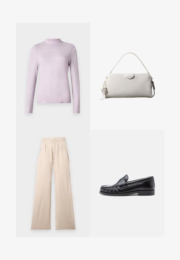 Suéter de manga larga en lavanda claro con cuello alto, hecho de una tela suave y texturizada; diseño ajustado con un cuello alto y ceñido.; Pantalones de pierna ancha beige hechos de algodón, con plisados en la parte frontal y una textura suave. El diseño incluye una cinturilla estándar y sin patrón visible.; Mocasines de cuero negro con punta redondeada, costuras distintivas y una banda decorativa sobre el empeine. Acabado liso y tacón bajo.; Bolso rectangular blanco de Calvin Klein con un solo asa, diseño minimalista y borlas decorativas con un charm metálico geométrico en el lateral.