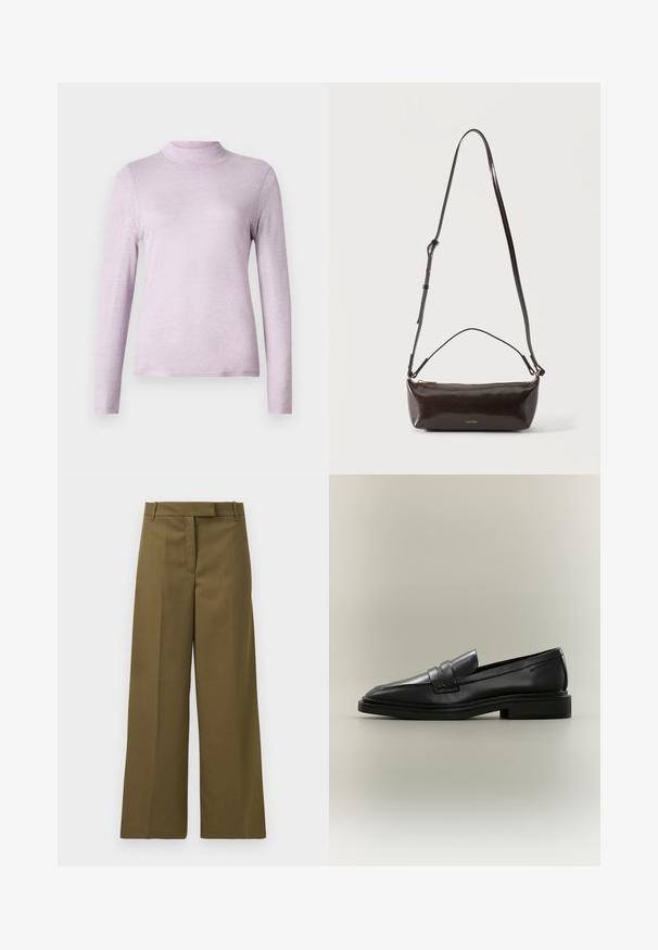 Lys lavendel langærmet turtleneck top lavet af blødt, tekstureret stof; tætsiddende design med en høj, snug krave.; Olivenfarvede bukser med vidde i benene i struktureret stof, med flad front, bæltestropper og sidelommer, der har en skræddersyet pasform og rene linjer.; Sort læder penny loafer med lav hæl, rundet tå og syede detaljer på en neutral baggrund.; Lille blank mørkebrun læder skuldertaske med justerbar rem, top håndtag og gyldent lynlås lukning.