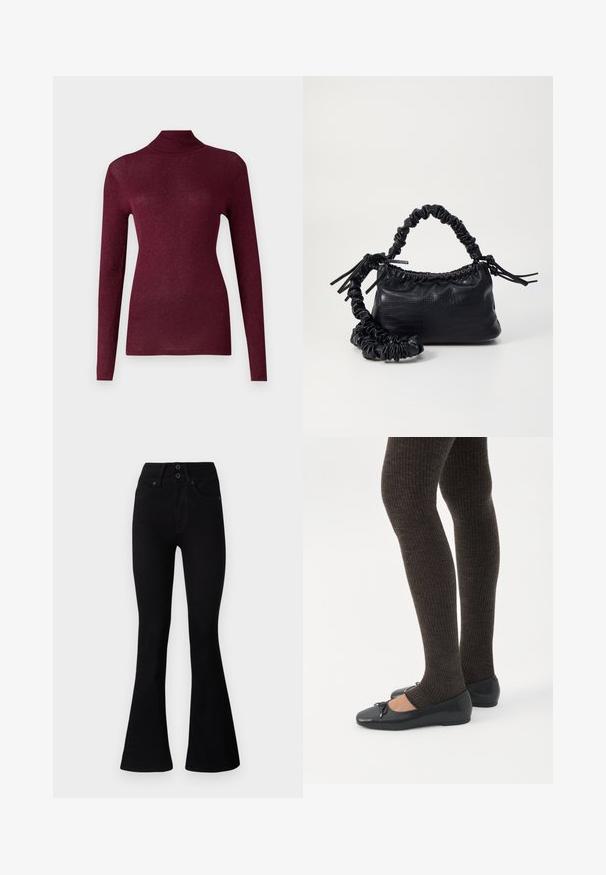 Bordeaux langærmet trøje med høj hals i ribstrikket stof med en subtil glimmer, der har en tætsiddende silhuet.; Pepe Jeans FLARE CONTOUR - Flared jeans - black denim; Ben iført mørke ribbede leggings kombineret med sorte balletsko med små sløjfedetaljer på hvid baggrund.; Sort kunstlæder håndtaske med krokodilteksur, indsnøret top og en sammenkrøben rem. Ser blød og kompakt ud i designet.