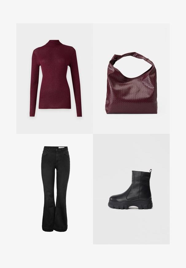 Pull en maille côtelée bordeaux à manches longues et col roulé, avec un léger brillant, mettant en valeur une silhouette ajustée et un col haut.; Jeans noirs évasés taille haute avec fermeture à boutons et zip, poches avant et petite poche, et passants pour ceinture.; Bottines noires en cuir lisse, dotées d'une semelle en caoutchouc épaisse avec un profil prononcé et d'une languette à l'arrière pour un enfilage facile.; Sac bordeaux avec un motif tissé texturé, en cuir souple, doté d'une anse unique nouée. Conception spacieuse de style hobo.