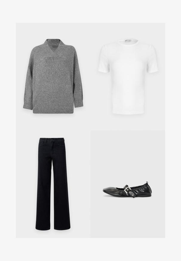 Grå uldtrøje med V-hals, sænkede skuldre og lange ærmer. Blød tekstur med en let oversized pasform og sømløs konstruktion.; Hvid ribstrikket T-shirt med korte ærmer, rund hals og tætsiddende pasform samt en lille mærkeetiket inde i kraven.; Bredde ben sorte denim jeans med høj talje, der har standardlommer og knaplukning. Glat tekstur med en let stræk.; Sorte læder flade sko med spids tå, samling detaljer omkring åbningen, og en sølv spænde accent på den justerbare rem.
