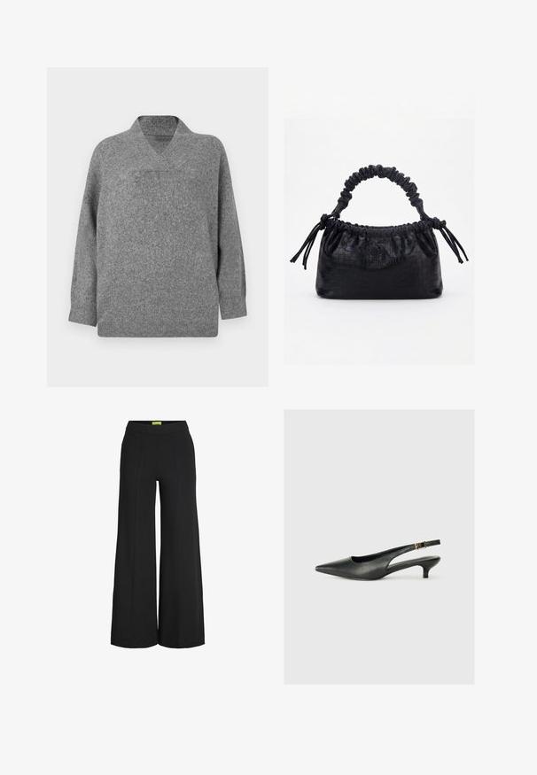 Pull en laine gris avec un col en V, des épaules tombantes et des manches longues. Texture douce avec une coupe légèrement oversize et une construction sans coutures.; Pantalon noir à jambes larges avec taille haute et détails de coutures verticales à l'avant.; Chaussure slingback noire à bout pointu en cuir lisse. Présente un talon fin et un détail de boucle sur la sangle réglable.; Sac à main noir avec texture crocodile, bord supérieur froncé, poignée plissée et pompons à cordon de chaque côté sur fond blanc.