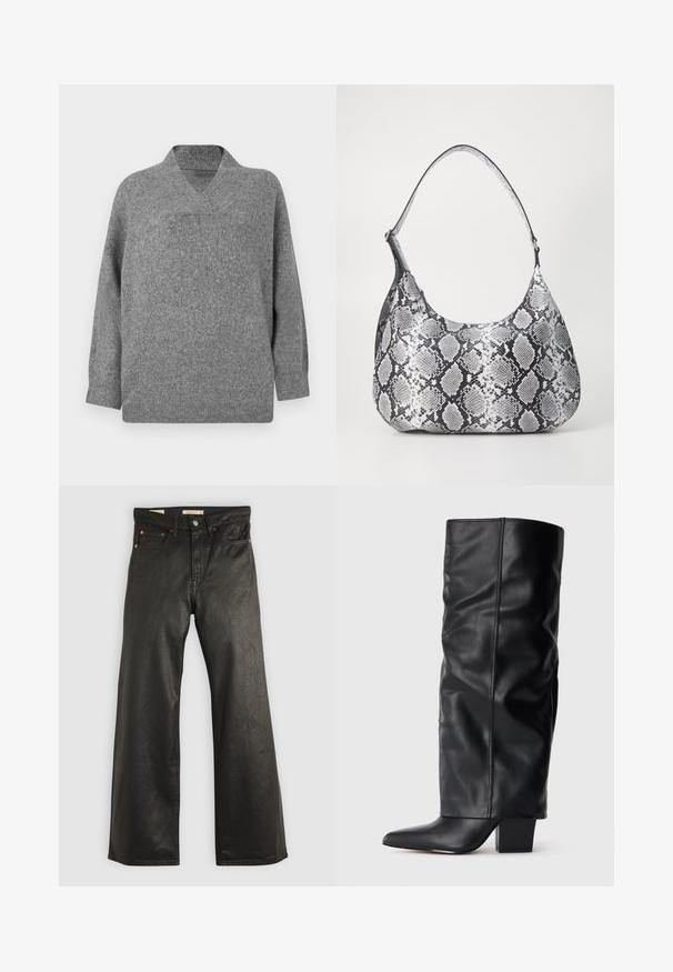 Grijze wollen trui met een V-hals, verlaagde schouders en lange mouwen. Zachte textuur met een iets overmaatse pasvorm en naadloze constructie.; Zwarte denim wijd-uitlopende broek met een gladde textuur, voorzien van vijf zakken en details met koperen hardware. Klassieke knoopsluiting.; Zwarte leren kniehoge laars met een slouchy ontwerp, spitse neus en een chunky vierkante hak. Gladde textuur met minimale stikdetails.; Zwart-witte slangenprint schoudertas met een afgeronde vorm, een gladde textuur en een ronde strap. Voorzien van een zilveren hardwareaccent.