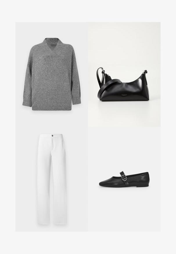 Pull en laine gris avec un col en V, des épaules tombantes et des manches longues. Texture douce avec une coupe légèrement oversize et une construction sans coutures.; Pantalon blanc en tissu lisse, avec une coupe droite, une fermeture à un bouton et des poches latérales. Finition simple et épurée.; Chaussure plate en cuir noir avec un bout arrondi, une seule sangle réglable à boucle et une texture lisse et brillante. Design minimaliste avec un petit talon.; Sac à main en cuir noir avec une texture lisse. Dispose d'une bandoulière adjustable et d'un design élégant et minimaliste avec une fermeture éclair.