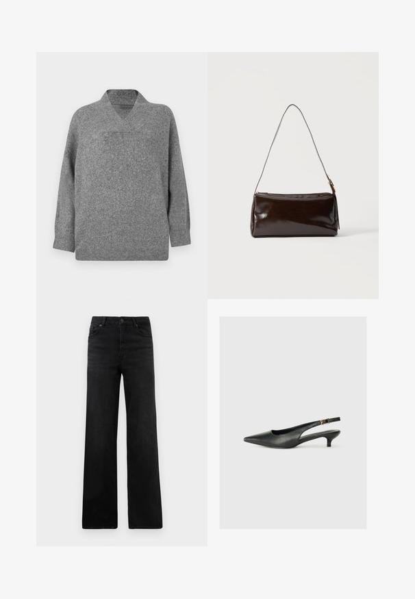 Grå uldtrøje med V-hals, sænkede skuldre og lange ærmer. Blød tekstur med en let oversized pasform og sømløs konstruktion.; Sorte denim bukser med vid ben og en klassisk fem-lomme-design, der inkluderer en knaplukning og subtil tekstur. Rene linjer og minimal pynt.; Sorte spidse slingback-sko lavet af glat læder. Har en tynd hæl og en spænde detalje på den justerbare rem.; Mørkebrun rektangulær læder skuldertaske med en enkelt tynd rem og spænde i guldton på en ensfarvet baggrund.