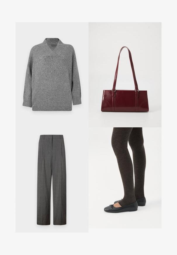Suéter de lana gris con escote en V, hombros caídos y mangas largas. Textura suave con un ajuste ligeramente holgado y construcción sin costuras.; Vero Moda VMSIKITA WIDE DAD PANT - Pantalones - medium grey/black; Piernas con leggings oscuros acanalados combinados con bailarinas negras que presentan pequeños detalles de lazo sobre un fondo blanco.; Bolso burdeos hecho de material brillante, de forma rectangular, con dos asas para el hombro y sutiles acentos curvados en la parte frontal.