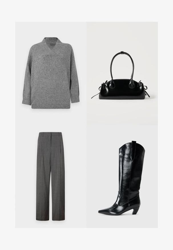 Grijze wollen trui met een V-hals, verlaagde schouders en lange mouwen. Zachte textuur met een iets overmaatse pasvorm en naadloze constructie.; Vero Moda VMSIKITA WIDE DAD PANT - Broek - medium grey/black; Zwarte leren kniehoge laarzen met een spitse neus, lage hak en decoratieve stiksels aan de zijkanten. Gladde glanzende afwerking.; Kleine zwarte glanzende handtas met twee lange hengsels en zijkant trekkoord details op een effen lichte achtergrond.